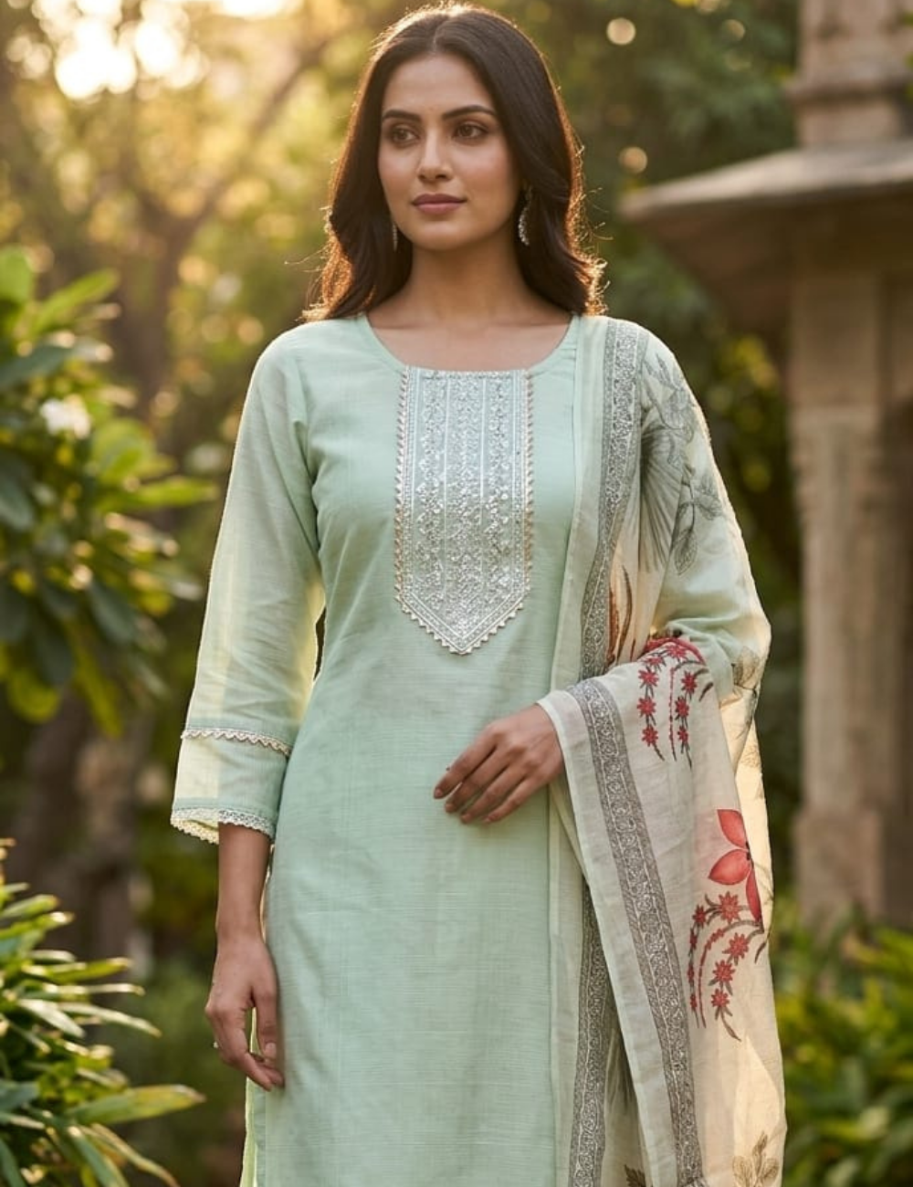 Charming Lavender Embroidered Kurta Set with Floral Organza Dupatta