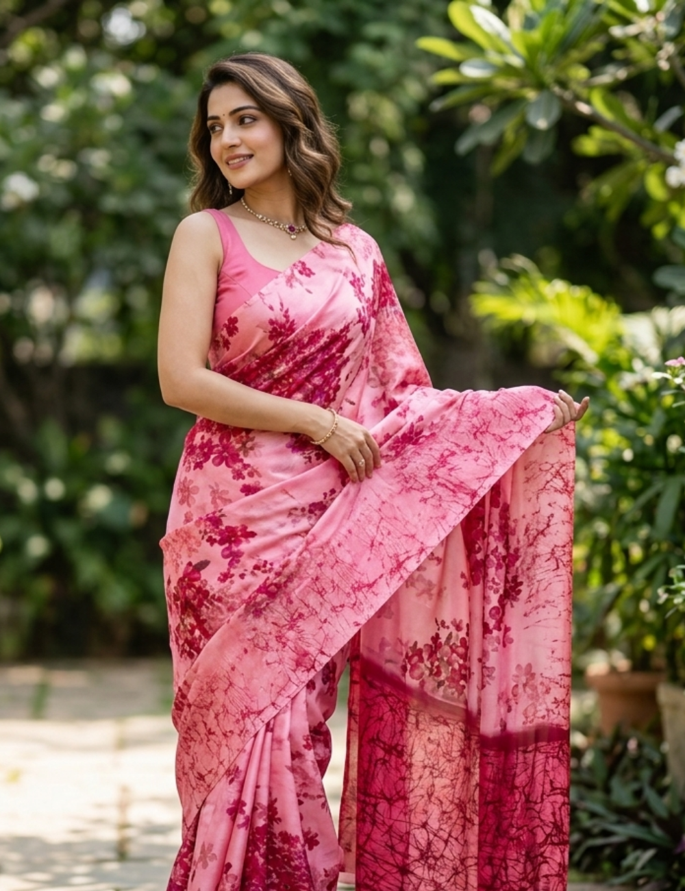 Elegant Pink Floral Printed Soft Saree with Abstract Stripes