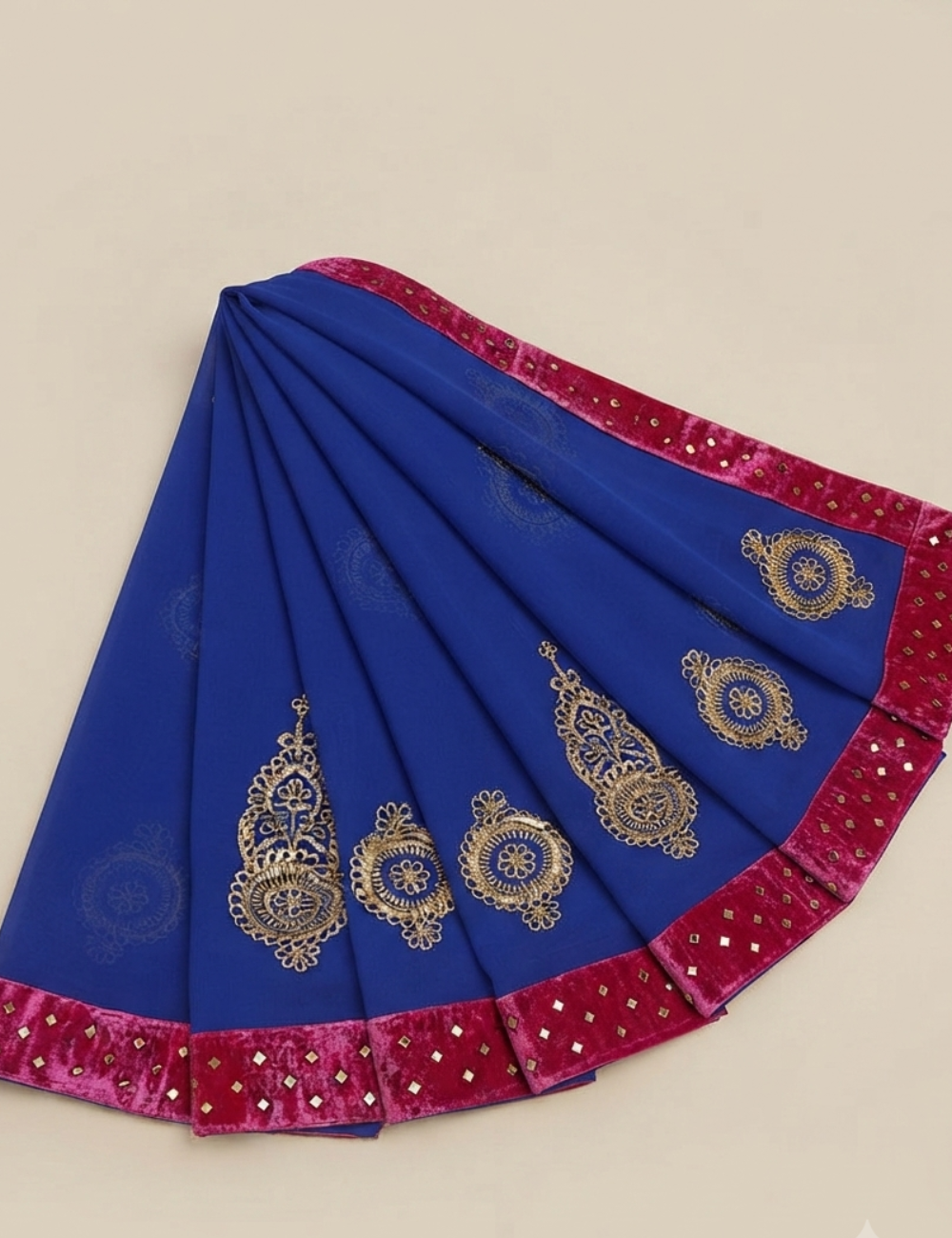 Royal Blue Saree with Pink Velvet Mirror Work Border